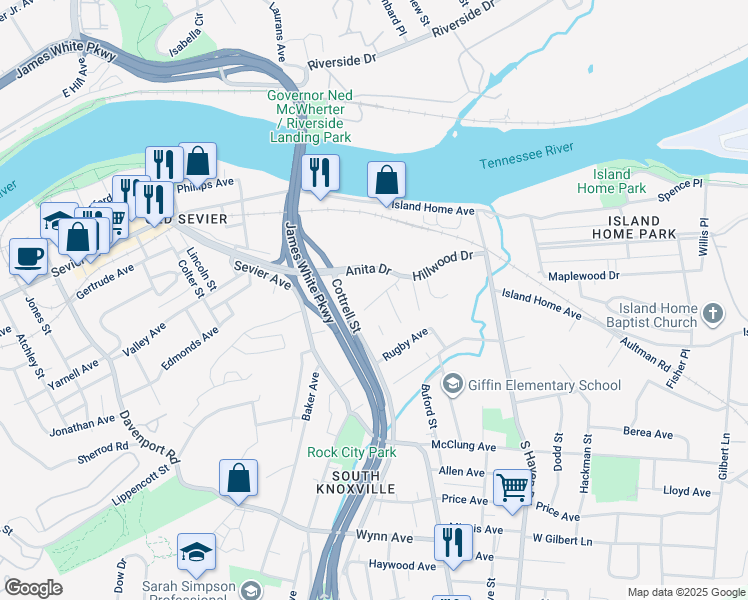 map of restaurants, bars, coffee shops, grocery stores, and more near 1708 Hillwood Drive in Knoxville