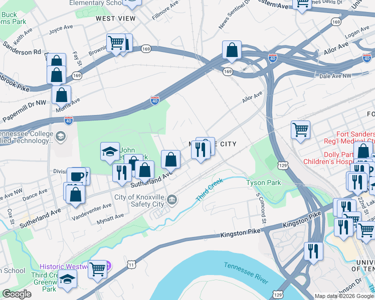 map of restaurants, bars, coffee shops, grocery stores, and more near 2325 Sutherland Avenue in Knoxville