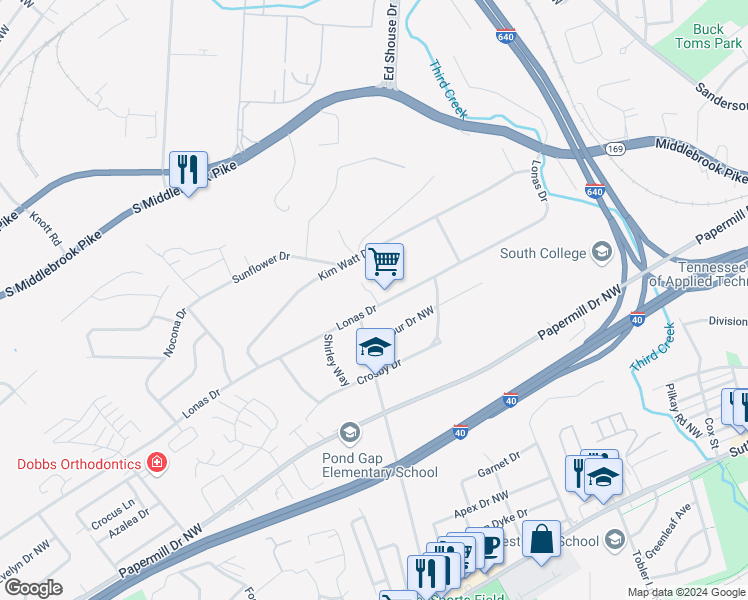 map of restaurants, bars, coffee shops, grocery stores, and more near 1620 Hollywood Road in Knoxville