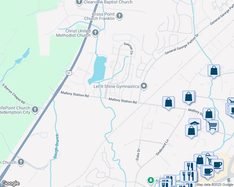 map of restaurants, bars, coffee shops, grocery stores, and more near 200 Mallory Station Road in Franklin