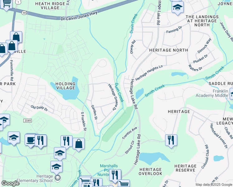 map of restaurants, bars, coffee shops, grocery stores, and more near 1021 Heritage Greens Drive in Wake Forest