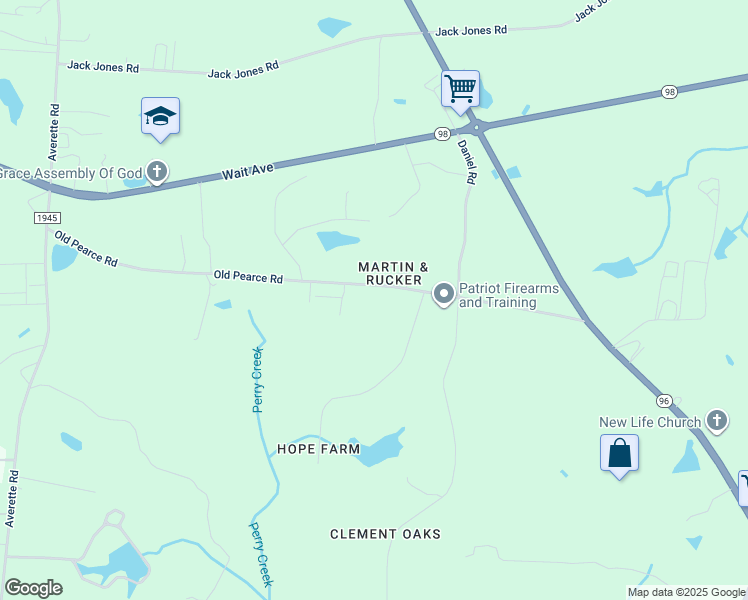 map of restaurants, bars, coffee shops, grocery stores, and more near 5612 Old Pearce Road in Wake Forest