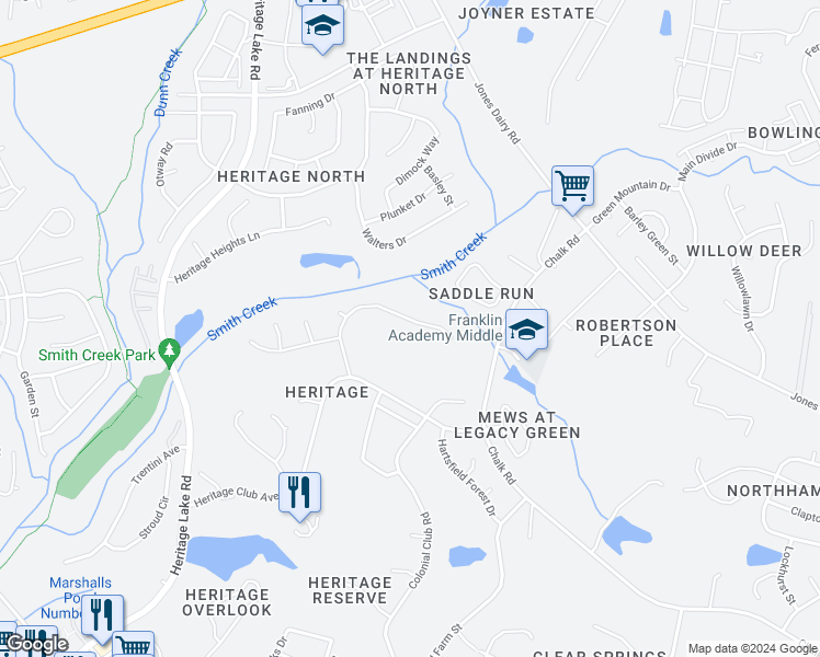 map of restaurants, bars, coffee shops, grocery stores, and more near 909 Hidden Jewel Lane in Wake Forest