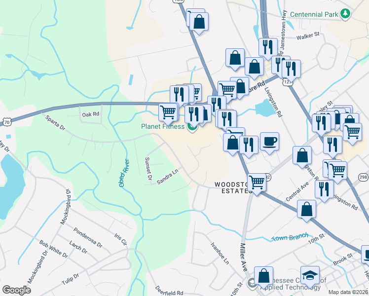 map of restaurants, bars, coffee shops, grocery stores, and more near 426 Sparta Drive in Crossville