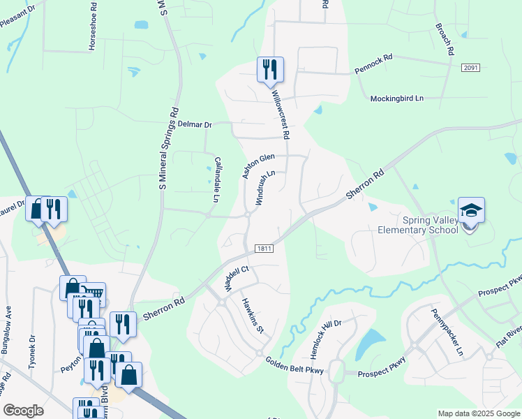 map of restaurants, bars, coffee shops, grocery stores, and more near 137 Windrush Lane in Durham