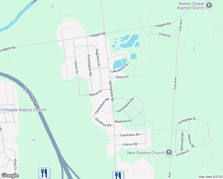 map of restaurants, bars, coffee shops, grocery stores, and more near 1699 Springfield Road in Rocky Mount