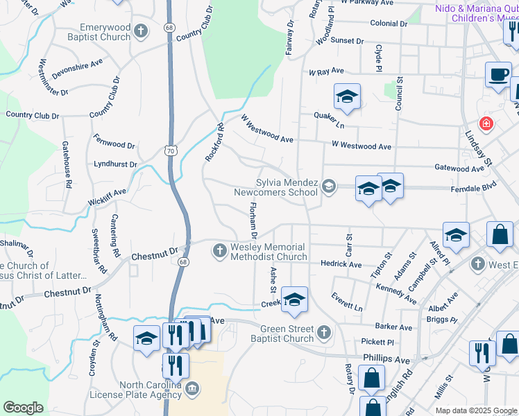 map of restaurants, bars, coffee shops, grocery stores, and more near 724 Florham Drive in High Point