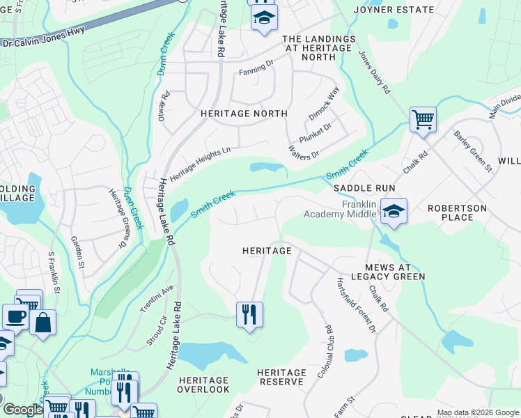 map of restaurants, bars, coffee shops, grocery stores, and more near 1404 Brewer Jackson Court in Wake Forest