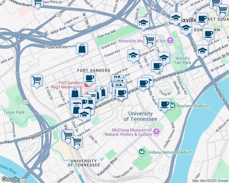 map of restaurants, bars, coffee shops, grocery stores, and more near 705 South 17th Street in Knoxville