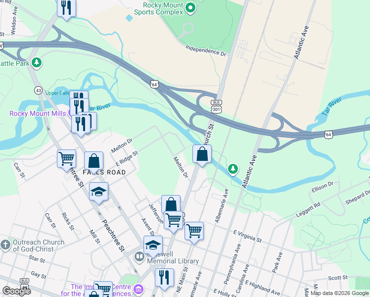 map of restaurants, bars, coffee shops, grocery stores, and more near 301 East Ridge Street in Rocky Mount