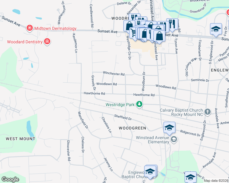map of restaurants, bars, coffee shops, grocery stores, and more near 3709 Hawthorne Road in Rocky Mount