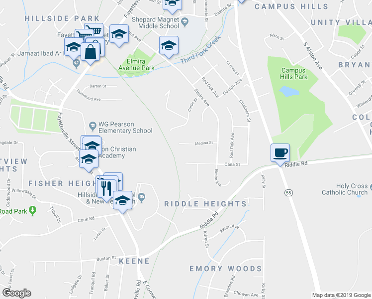 map of restaurants, bars, coffee shops, grocery stores, and more near 901 Cana Street in Durham