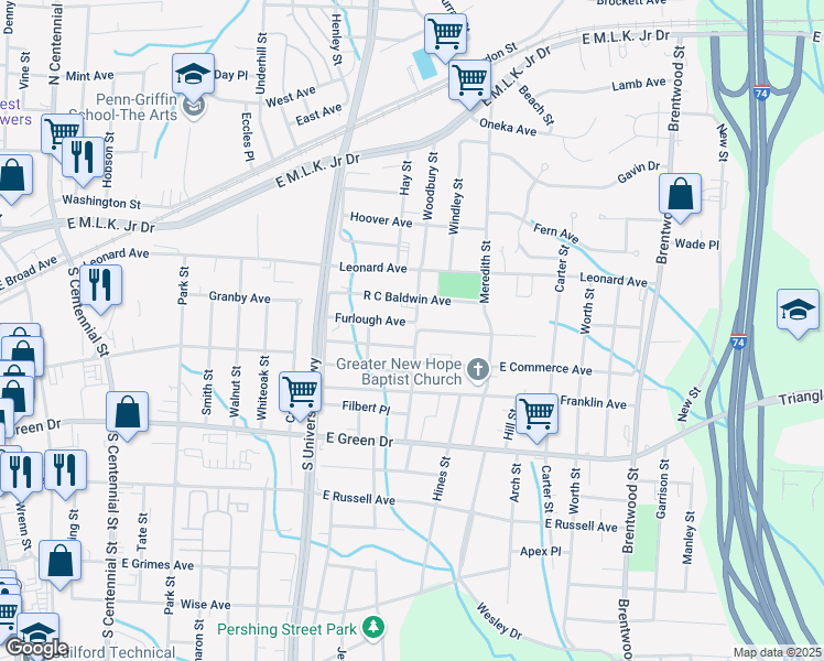 map of restaurants, bars, coffee shops, grocery stores, and more near 609 Woodbury Street in High Point