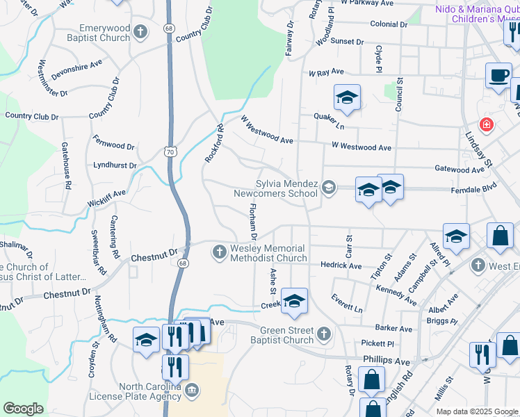 map of restaurants, bars, coffee shops, grocery stores, and more near 724 Florham Drive in High Point