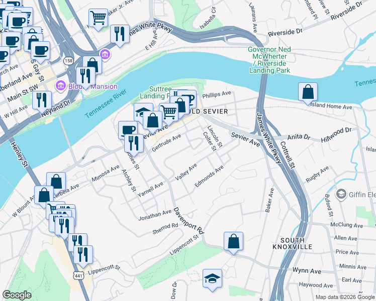 map of restaurants, bars, coffee shops, grocery stores, and more near 1025 Valley Avenue in Knoxville