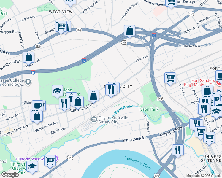 map of restaurants, bars, coffee shops, grocery stores, and more near 2220 Sutherland Avenue in Knoxville