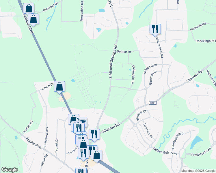 map of restaurants, bars, coffee shops, grocery stores, and more near 1616 South Mineral Springs Road in Durham
