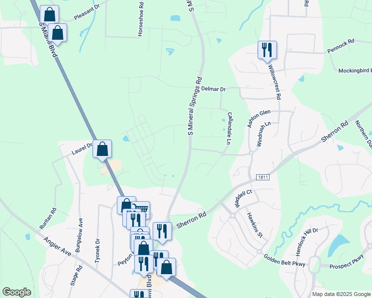 map of restaurants, bars, coffee shops, grocery stores, and more near 1616 South Mineral Springs Road in Durham