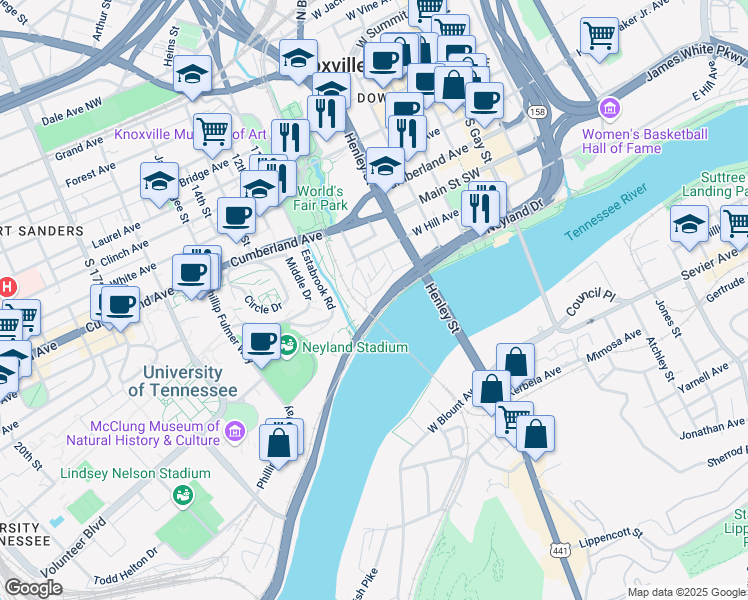 map of restaurants, bars, coffee shops, grocery stores, and more near 822 West Hill Avenue in Knoxville