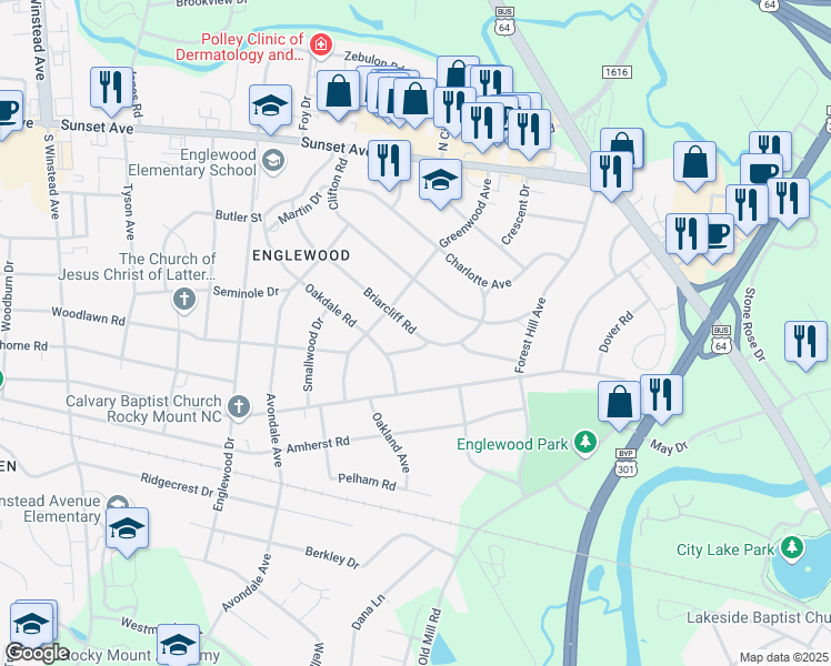 map of restaurants, bars, coffee shops, grocery stores, and more near 344 Briarcliff Road in Rocky Mount