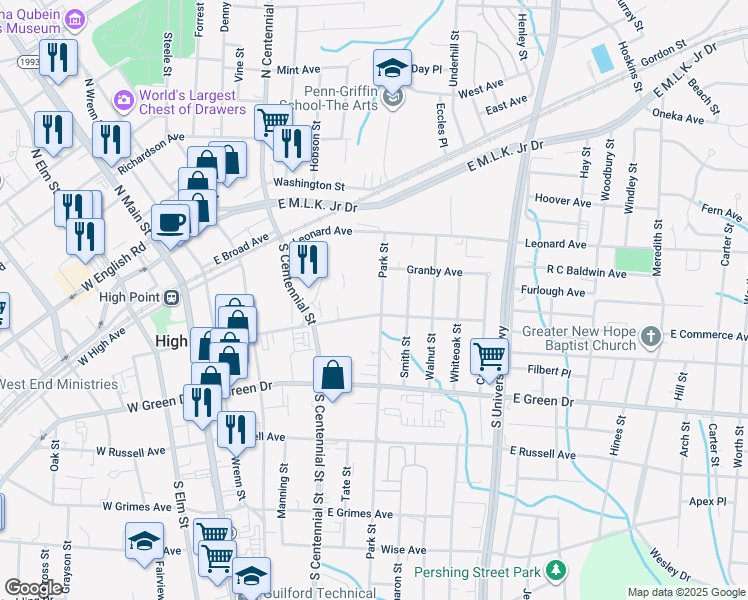 map of restaurants, bars, coffee shops, grocery stores, and more near 600 East Commerce Avenue in High Point