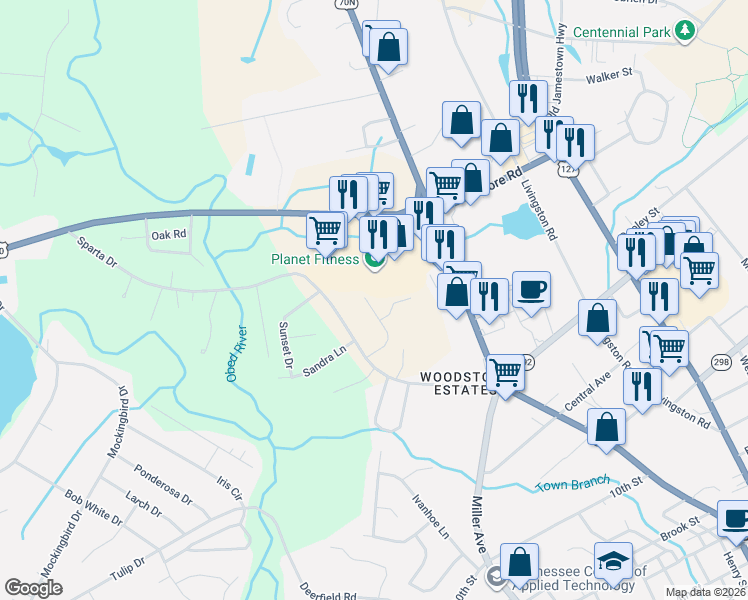 map of restaurants, bars, coffee shops, grocery stores, and more near 426 Sparta Drive in Crossville