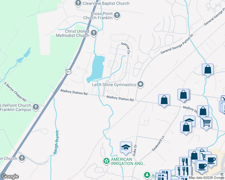 map of restaurants, bars, coffee shops, grocery stores, and more near 200 Mallory Station Road in Franklin