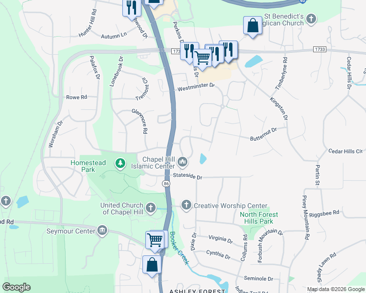 map of restaurants, bars, coffee shops, grocery stores, and more near 203 Black Tie Lane in Chapel Hill