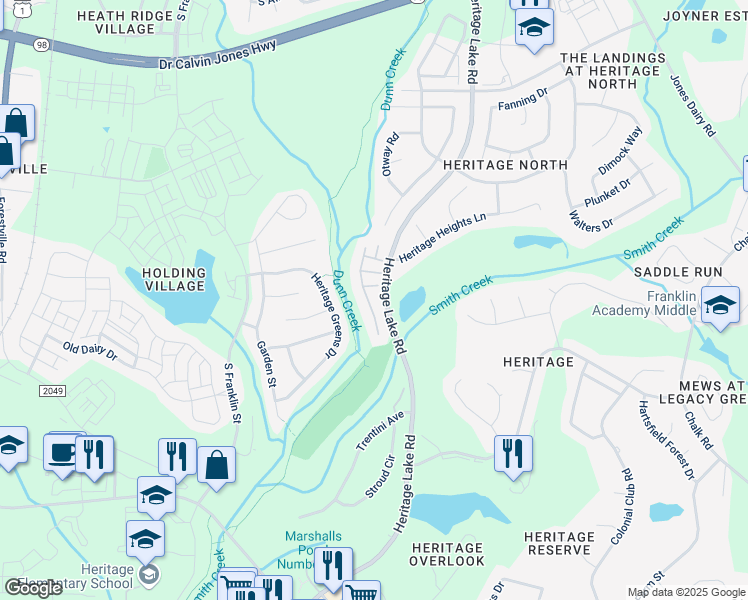 map of restaurants, bars, coffee shops, grocery stores, and more near 628 Canvas Drive in Wake Forest