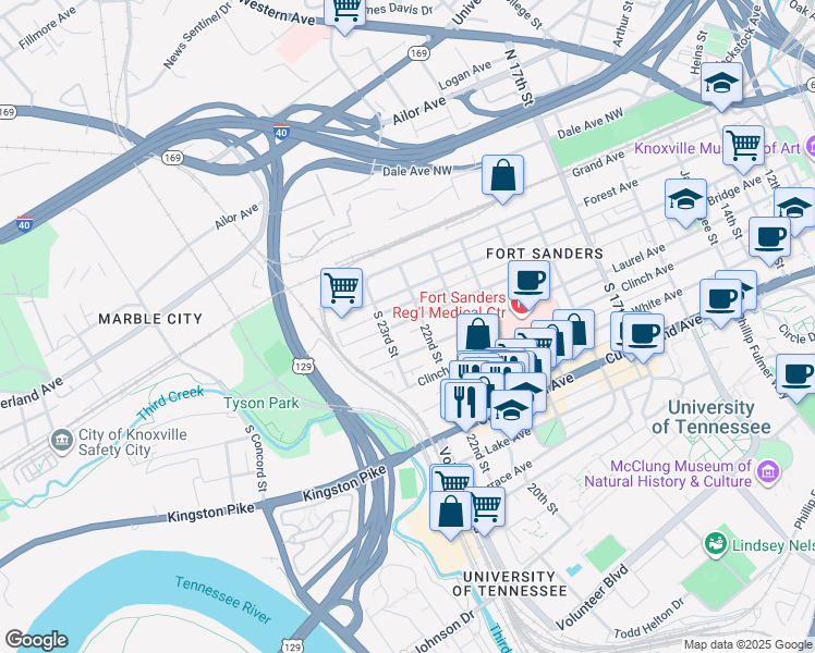 map of restaurants, bars, coffee shops, grocery stores, and more near 2223 Laurel Avenue in Knoxville