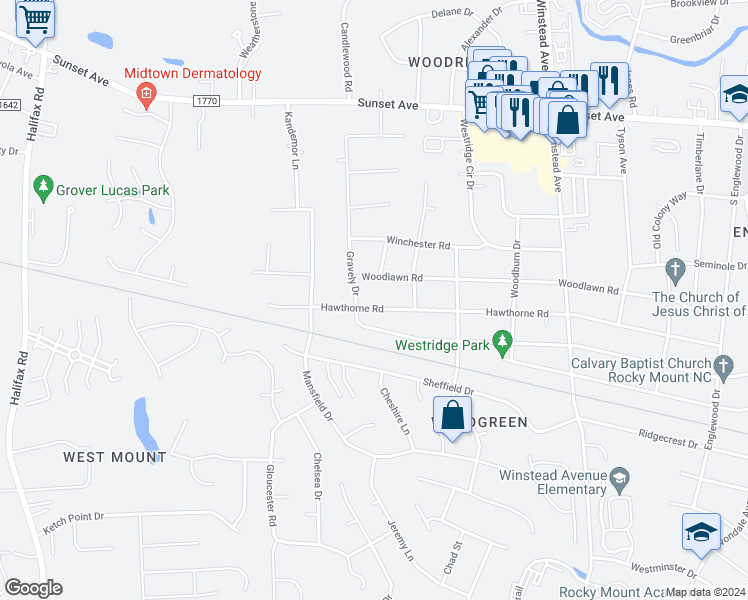 map of restaurants, bars, coffee shops, grocery stores, and more near 3821 Hawthorne Road in Rocky Mount