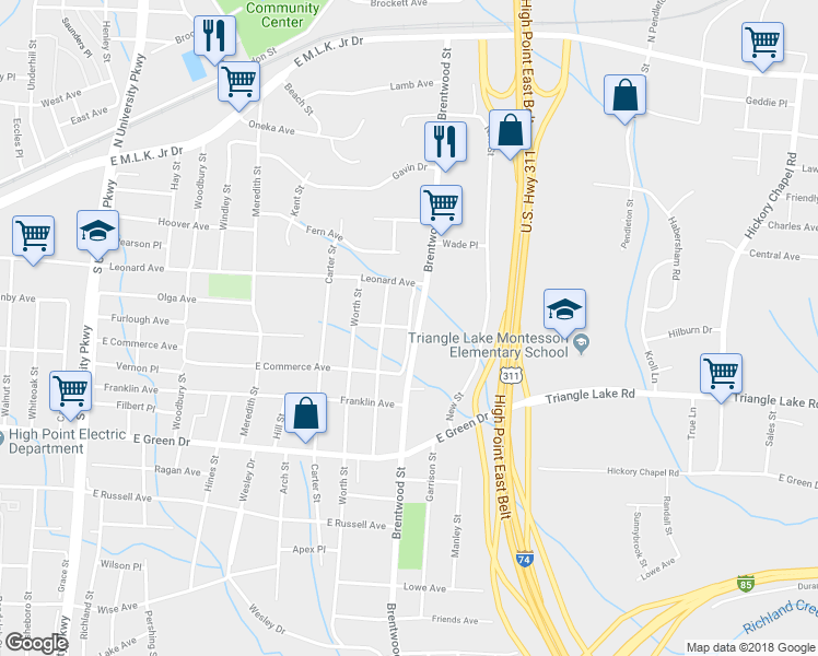 map of restaurants, bars, coffee shops, grocery stores, and more near 2298 Purdy Avenue in High Point