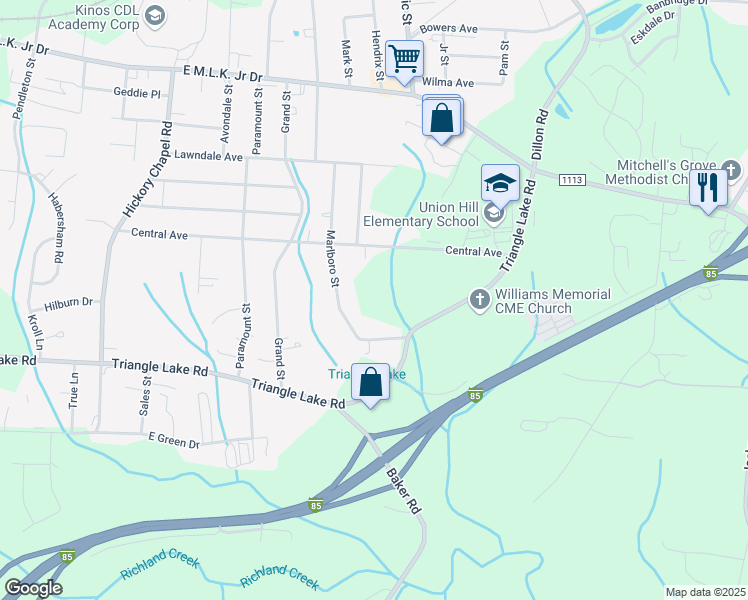 map of restaurants, bars, coffee shops, grocery stores, and more near 3304 Central Avenue in High Point
