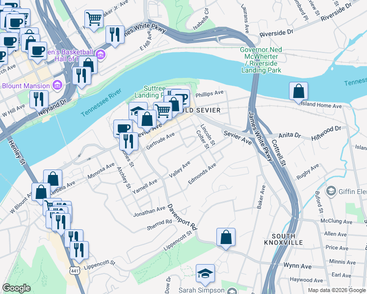 map of restaurants, bars, coffee shops, grocery stores, and more near 1025 Valley Avenue in Knoxville