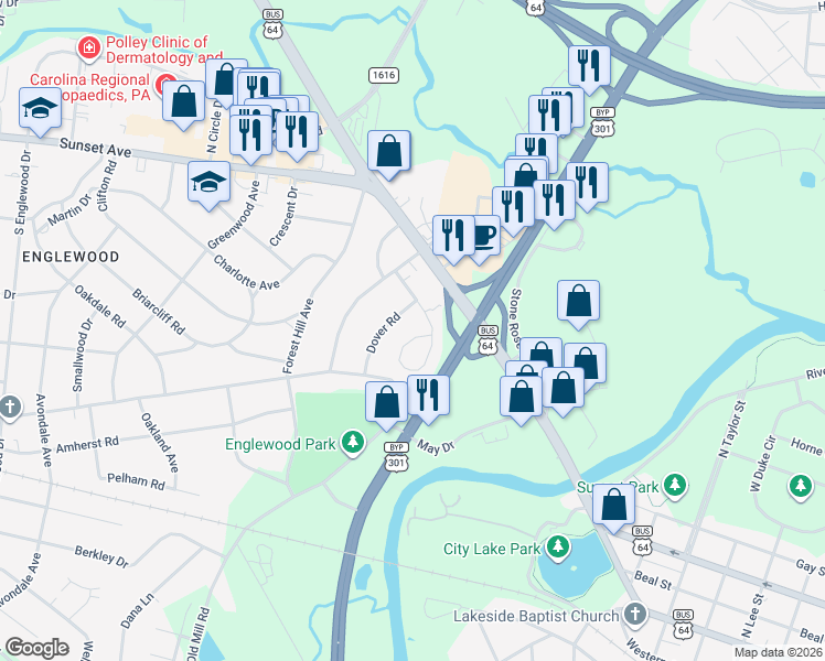 map of restaurants, bars, coffee shops, grocery stores, and more near 1119 Rosedale Avenue in Rocky Mount