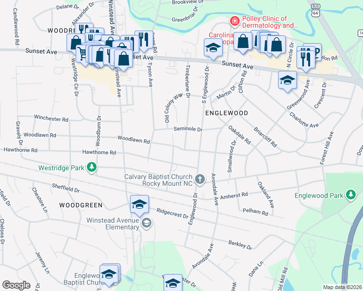 map of restaurants, bars, coffee shops, grocery stores, and more near 3217 Woodlawn Rd in Rocky Mt