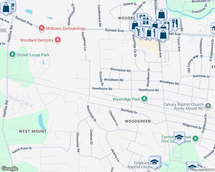 map of restaurants, bars, coffee shops, grocery stores, and more near 3821 Hawthorne Road in Rocky Mount