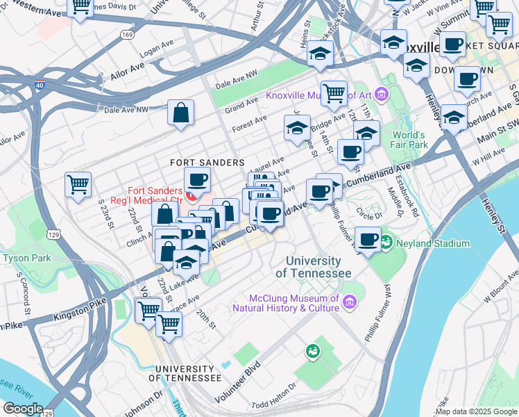 map of restaurants, bars, coffee shops, grocery stores, and more near 1708 Cumberland Avenue in Knoxville