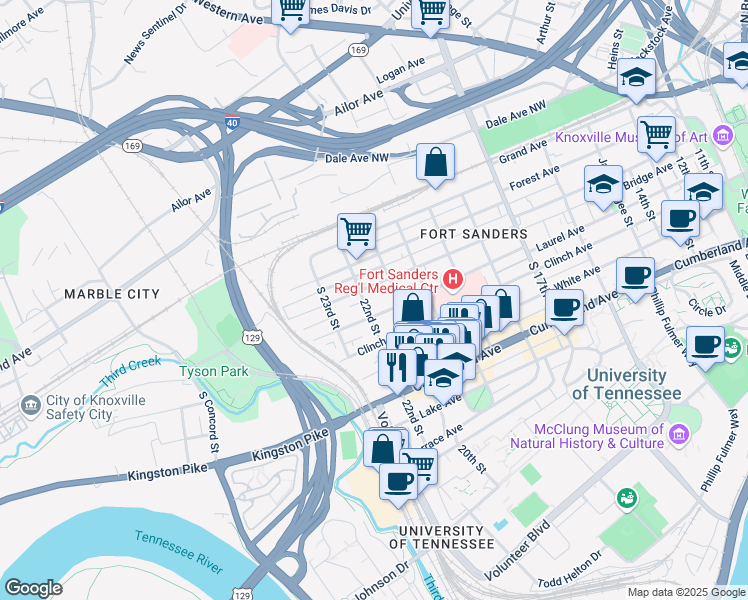 map of restaurants, bars, coffee shops, grocery stores, and more near 501 South 21st Street in Knoxville