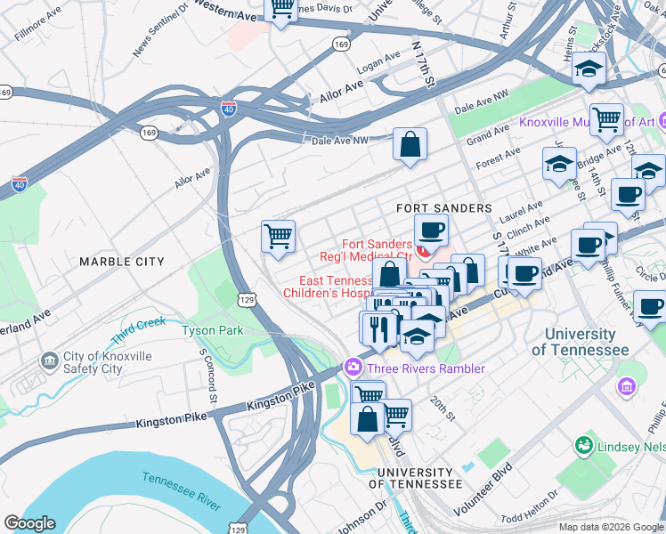 map of restaurants, bars, coffee shops, grocery stores, and more near 2223 Laurel Avenue in Knoxville