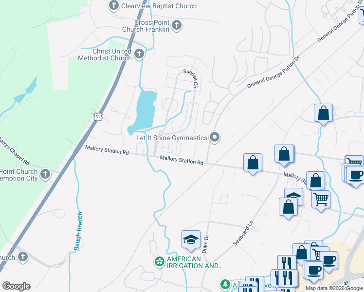 map of restaurants, bars, coffee shops, grocery stores, and more near 200 Mallory Station Road in Franklin