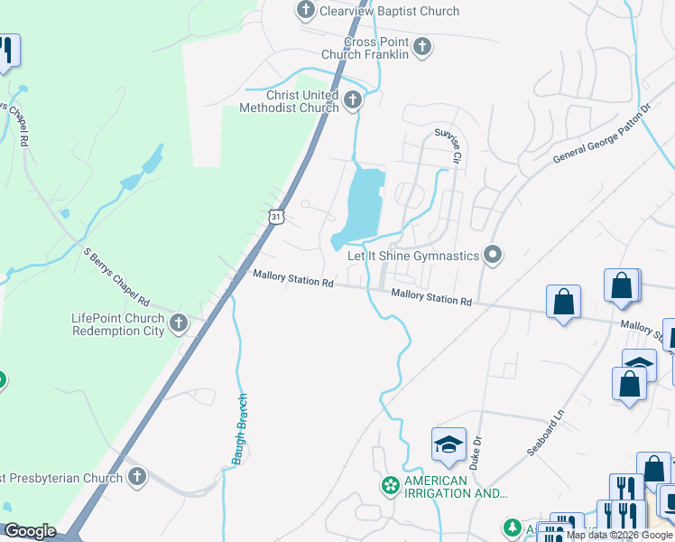map of restaurants, bars, coffee shops, grocery stores, and more near 152 Mallory Station Road in Franklin