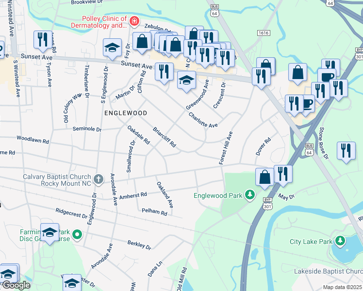 map of restaurants, bars, coffee shops, grocery stores, and more near 228 Briarcliff Road in Rocky Mount