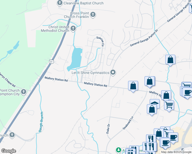 map of restaurants, bars, coffee shops, grocery stores, and more near 200 Mallory Station Road in Franklin
