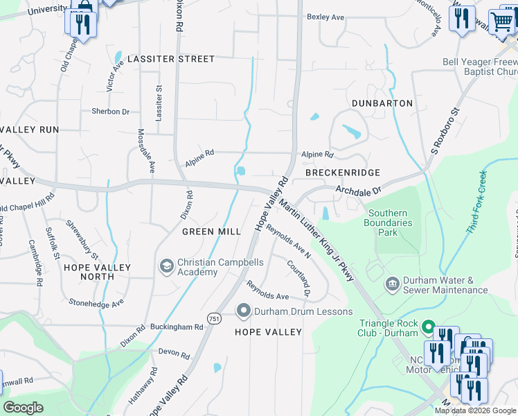 map of restaurants, bars, coffee shops, grocery stores, and more near 105 Reynolds Avenue in Durham