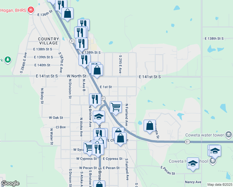 map of restaurants, bars, coffee shops, grocery stores, and more near 210 East Redwood Street in Coweta