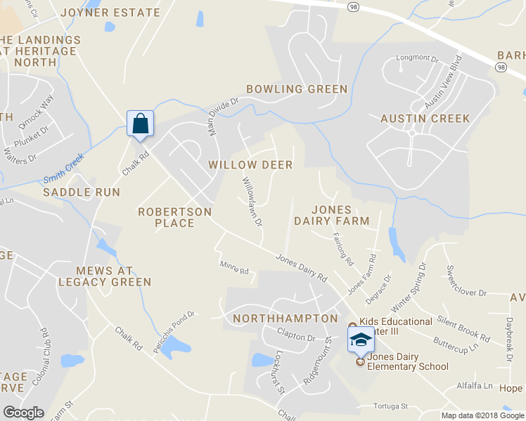 map of restaurants, bars, coffee shops, grocery stores, and more near 6504 Austin Creek Drive in Wake Forest