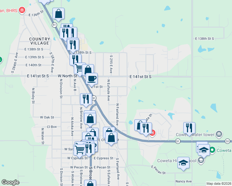 map of restaurants, bars, coffee shops, grocery stores, and more near 315 East Magnolia Street in Coweta