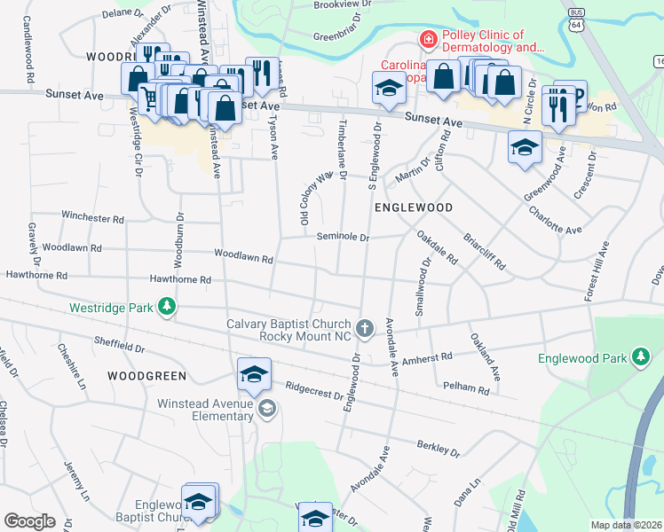 map of restaurants, bars, coffee shops, grocery stores, and more near 3217 Woodlawn Rd in Rocky Mt
