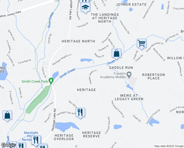 map of restaurants, bars, coffee shops, grocery stores, and more near 1013 Hidden Jewel Lane in Wake Forest